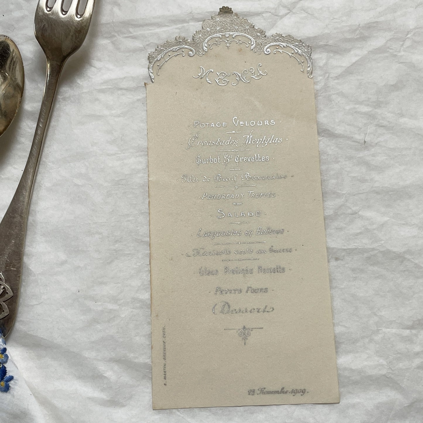 1900s - Exquisite Antique French Dining Menu Card from Paris - Gourmet French Cuisine - Elegant Silver Embossed Vintage Dinner Program