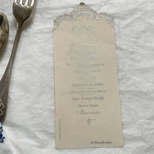 1900s - Exquisite Antique French Dining Menu Card from Paris - Gourmet French Cuisine - Elegant Silver Embossed Vintage Dinner Program