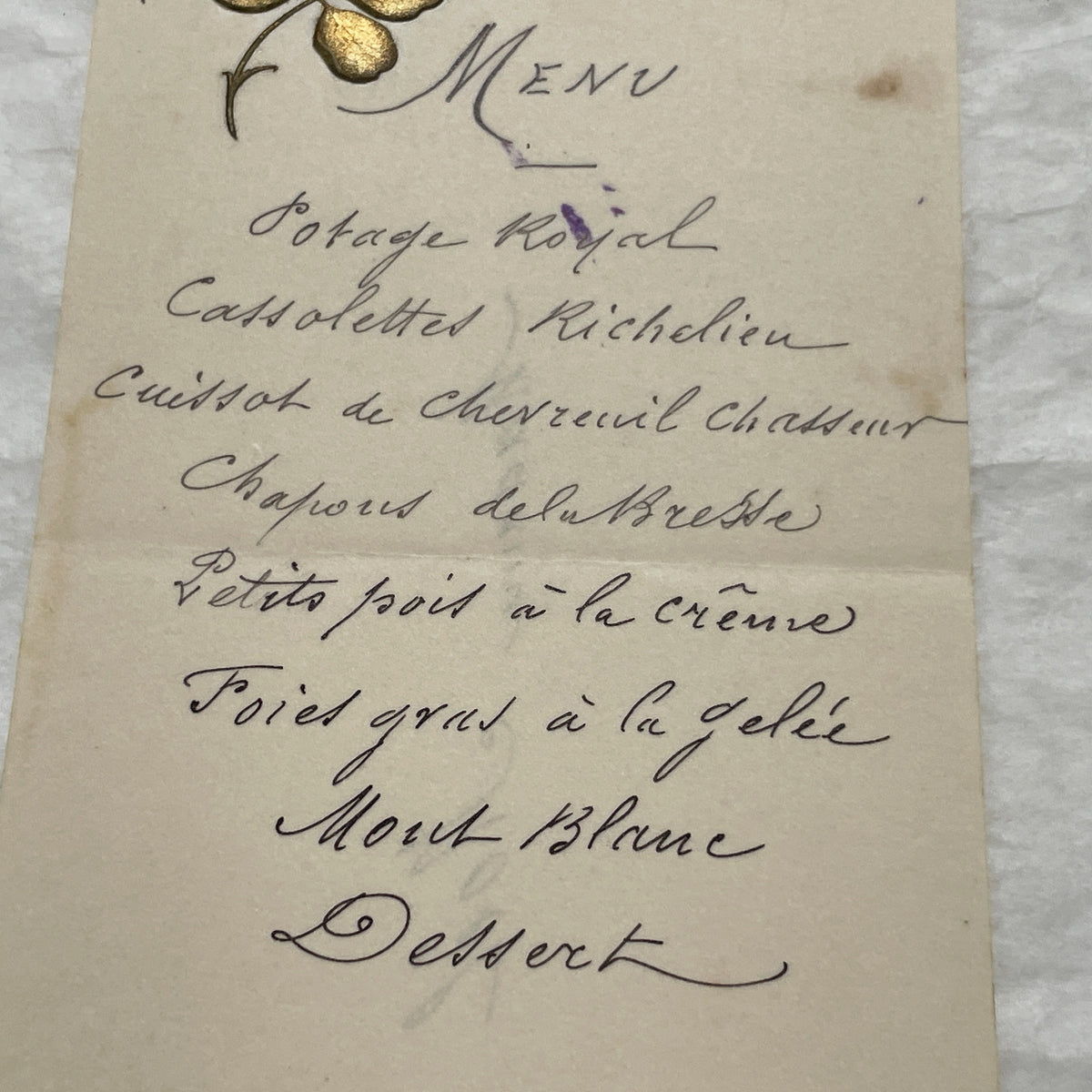 1900s - Exquisite Handwritten French Menu Card from 1900 - Elegant Culinary History Documenting a Lavish Dinner Event
