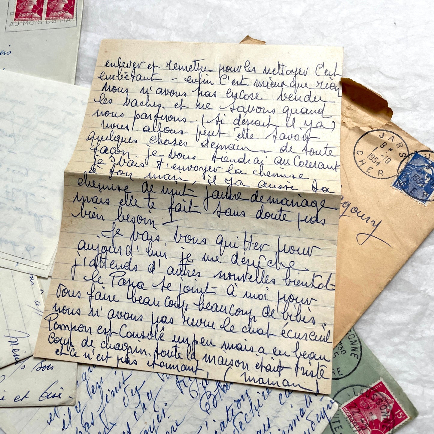 1950s French handwritten letters lot with envelopes and postage stamps, vintage paper ephemera collection.
