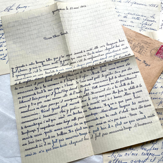 Five French handwritten letters and envelopes from the 1950s, showing cursive script and postal stamps.