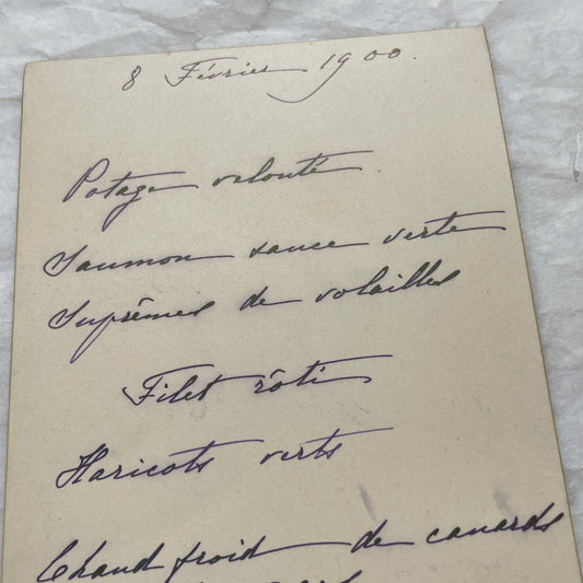 1900s - Elegant French Menu Card From February 8, 1900 - Handwritten Dinner Plan With Classic Edwardian Cuisine - Historic Meal Revelation
