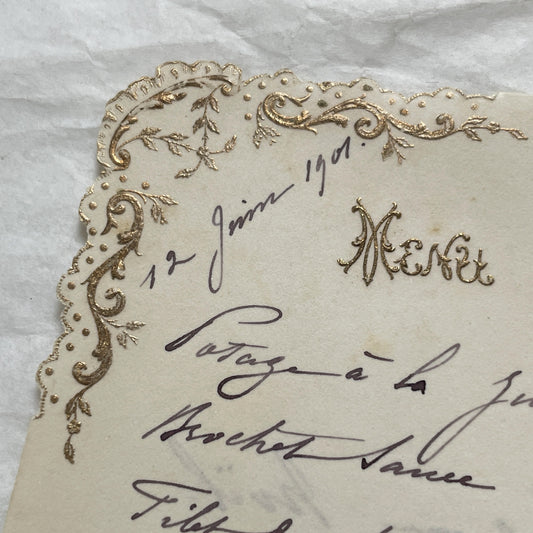 1900s - Antique French Menu Card - Elegant Handwritten Dinner Service Offering Gourmet Cuisine - June 12, 1901