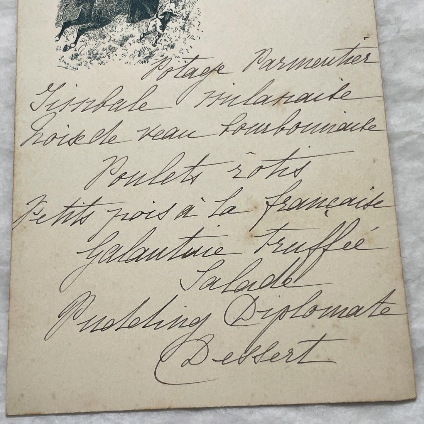 1900s - Vintage French Menu Card with Elegant Handwritten Dinner Selections - Classic Cuisine - Equestrian Illustration - March 21st