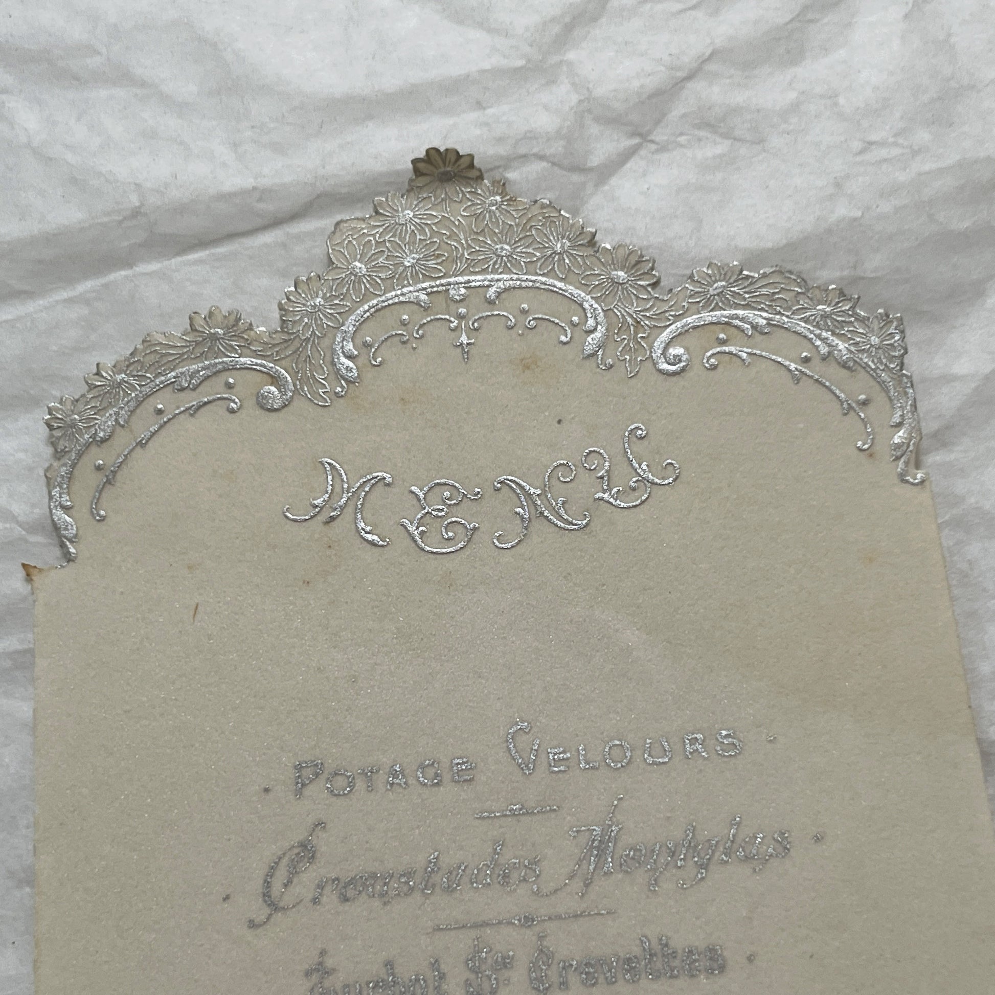 1900s - Exquisite Antique French Dining Menu Card from Paris - Gourmet French Cuisine - Elegant Silver Embossed Vintage Dinner Program