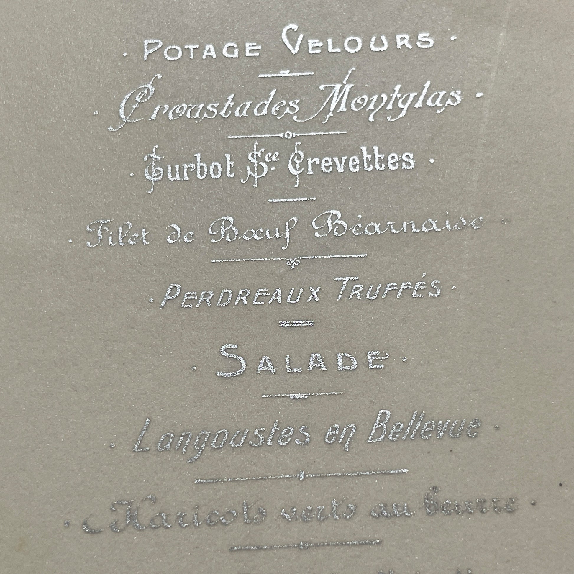 1900s - Exquisite Antique French Dining Menu Card from Paris - Gourmet French Cuisine - Elegant Silver Embossed Vintage Dinner Program