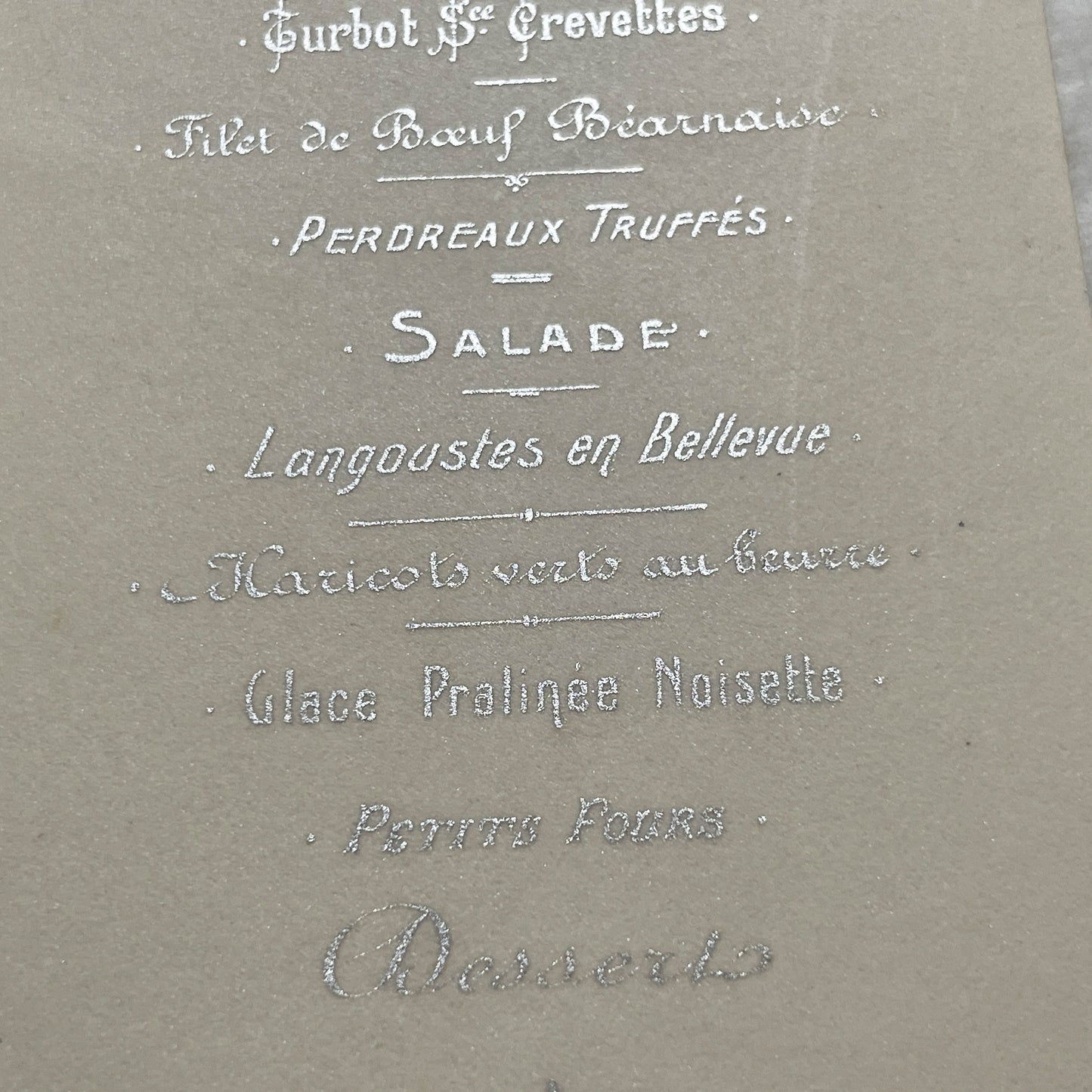 1900s - Exquisite Antique French Dining Menu Card from Paris - Gourmet French Cuisine - Elegant Silver Embossed Vintage Dinner Program