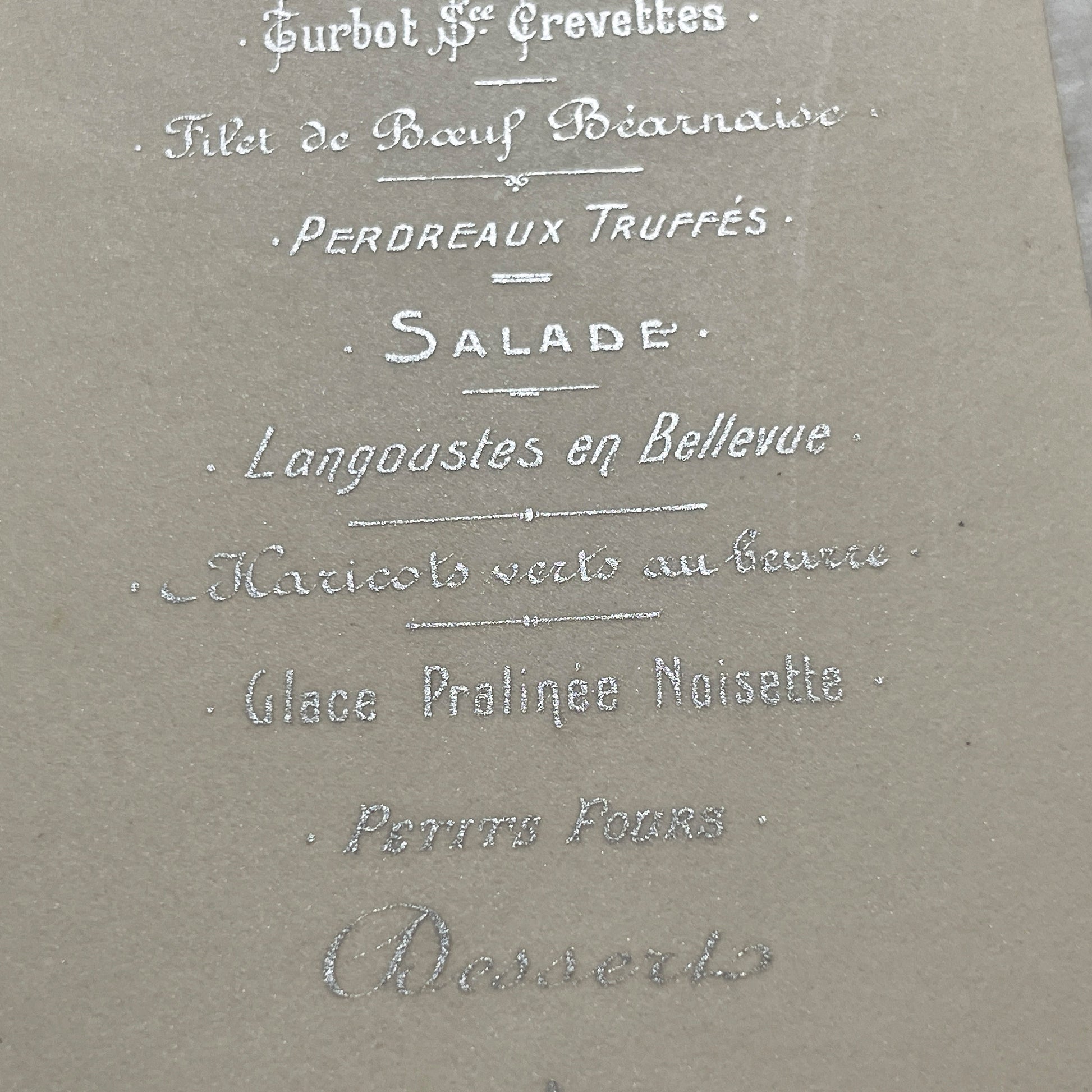 1900s - Exquisite Antique French Dining Menu Card from Paris - Gourmet French Cuisine - Elegant Silver Embossed Vintage Dinner Program