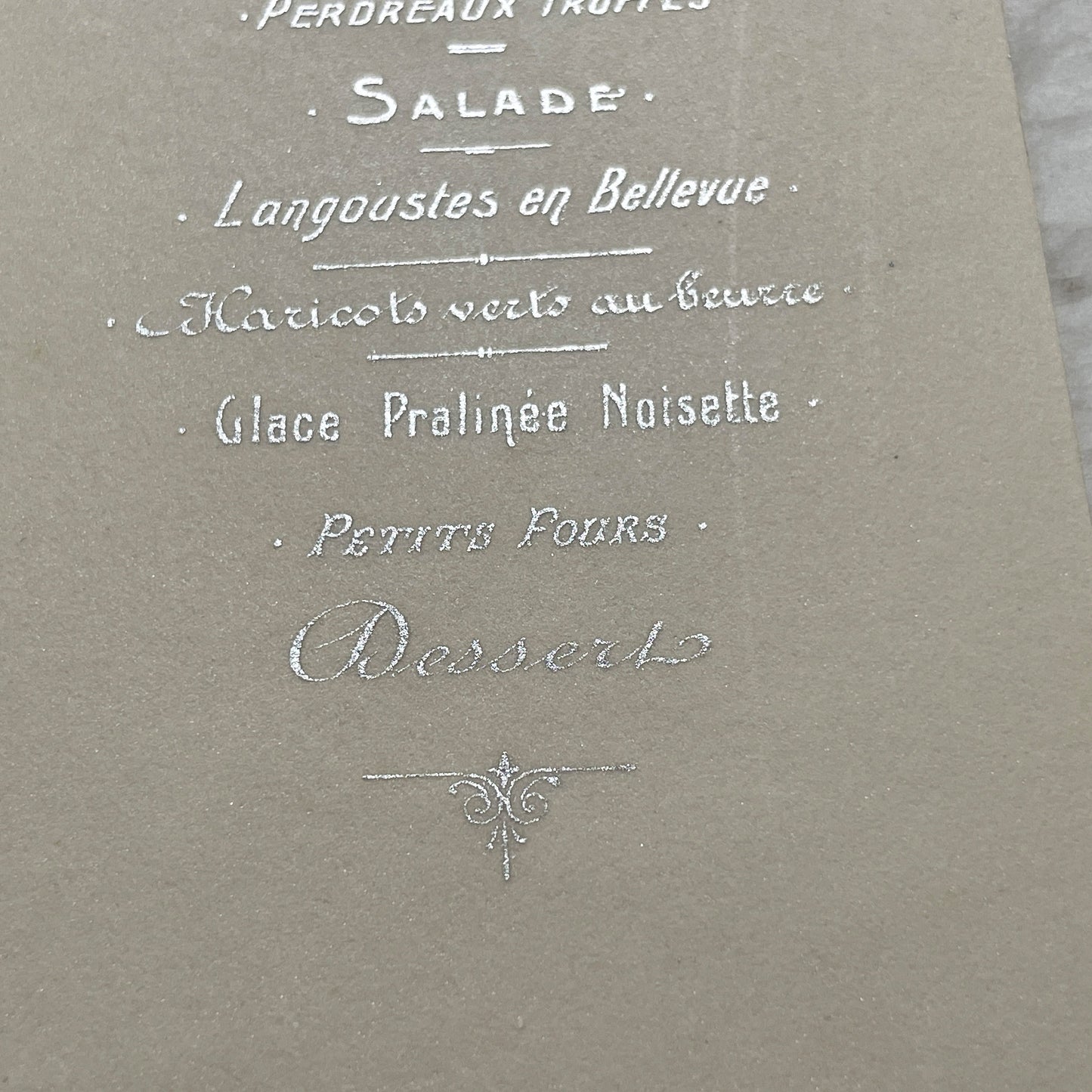 1900s - Exquisite Antique French Dining Menu Card from Paris - Gourmet French Cuisine - Elegant Silver Embossed Vintage Dinner Program