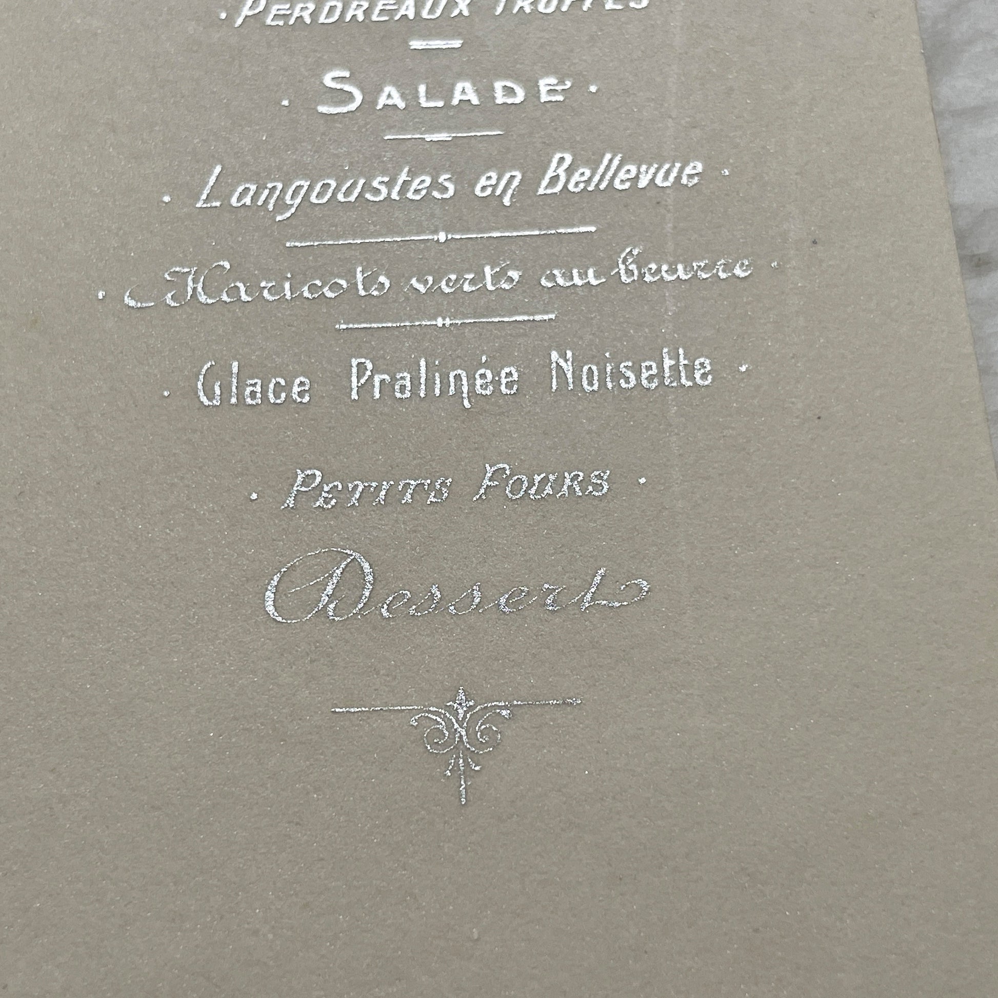 1900s - Exquisite Antique French Dining Menu Card from Paris - Gourmet French Cuisine - Elegant Silver Embossed Vintage Dinner Program