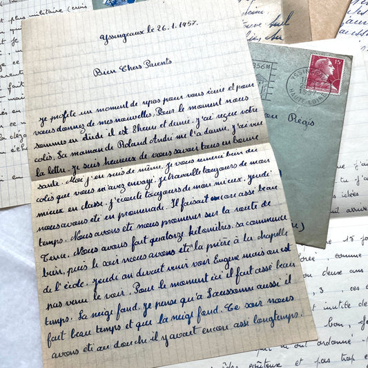 1950s French handwritten letters and envelopes lot, showing various scripts and postmarks.
