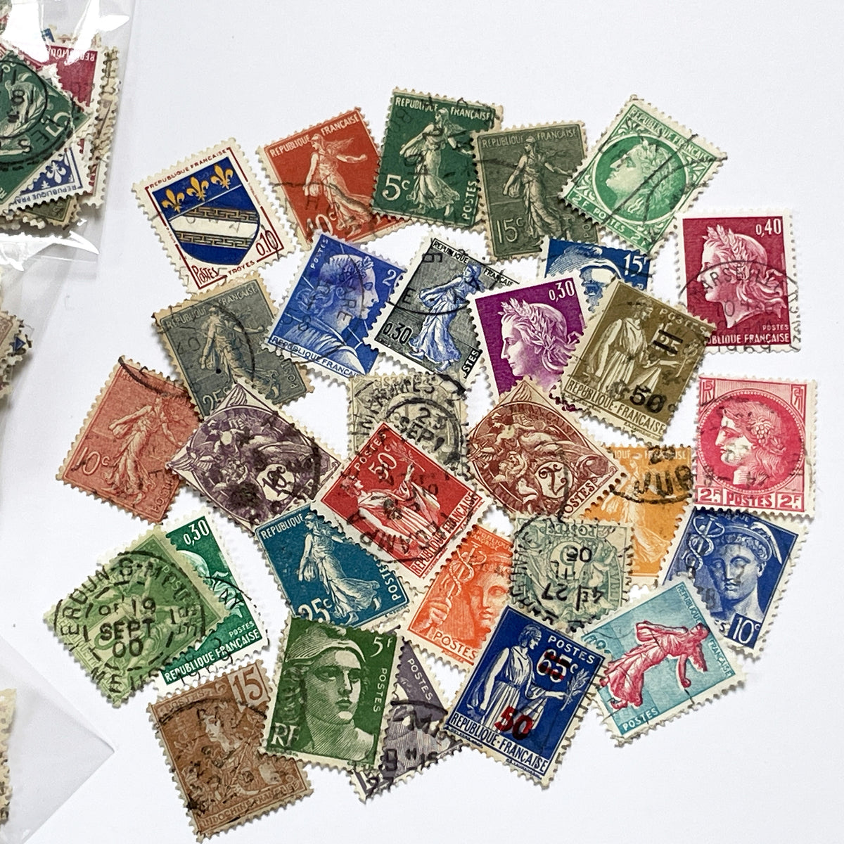 Lot of 30 Vintage French Postage Stamps – 1900s–1960s – Marianne, Sower, Coat of Arms, and Classical Designs