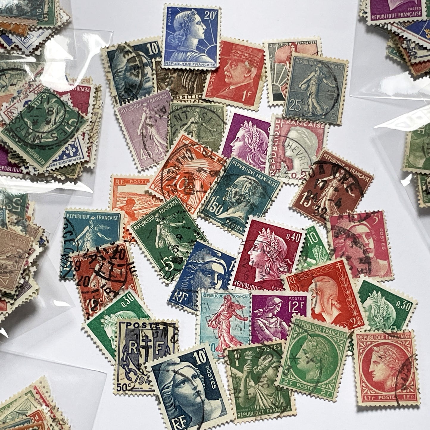 Lot of 30 Vintage French Postage Stamps – 1900s–1960s – Marianne, Sower, Coat of Arms, and Classical Designs