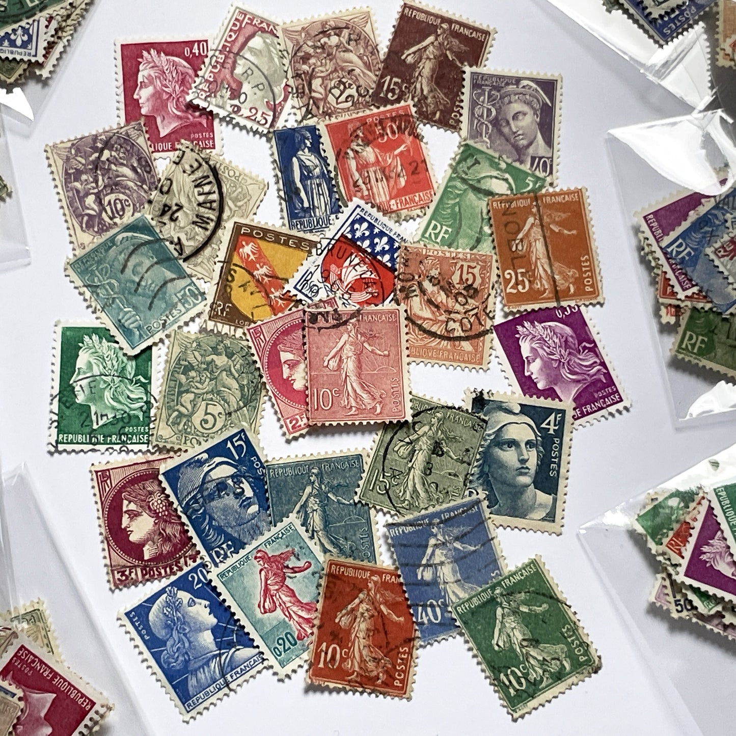 Lot of 30 Vintage French Postage Stamps – 1900s–1960s – Marianne, Sower, Coat of Arms, and Classical Designs