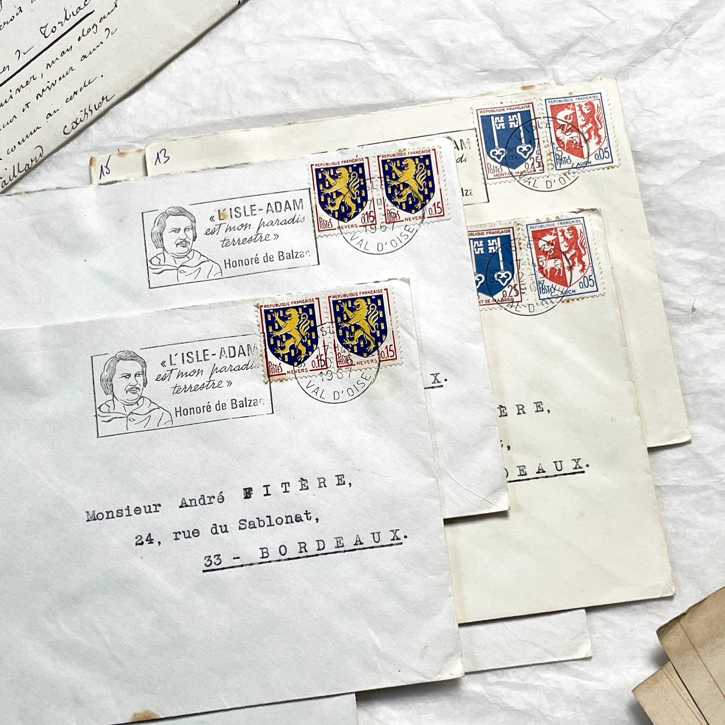 1960s - Set of 12 Vintage French Envelopes - Balzac Themed Postal Stamps - Heraldic Designs - Philately Collectible Lot