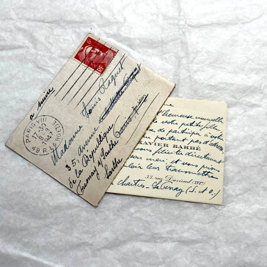 1940s French ephemera lot - vintage envelopes with handwritten notes, stamps, and postal marks.