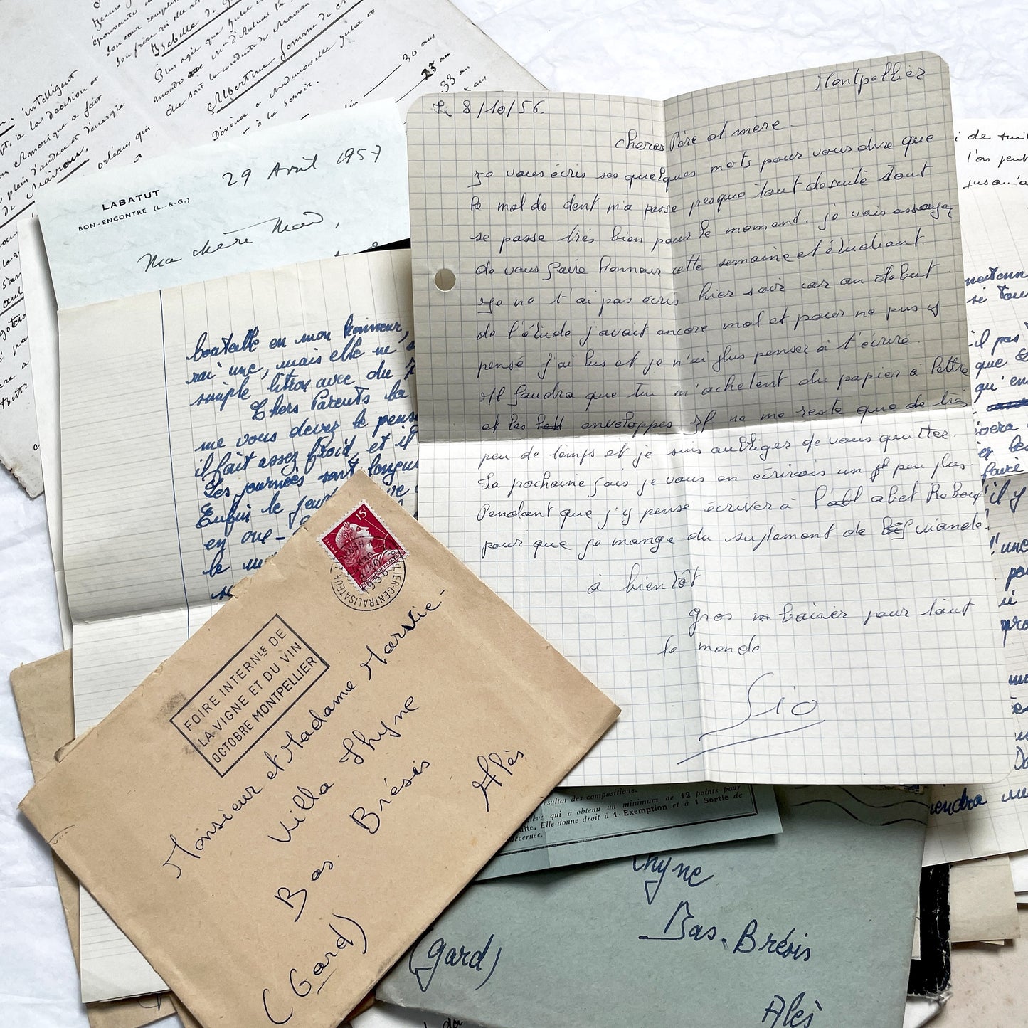 1950s - 10 French Letters with their Envelopes - Bundle of Antique French Letters and Envelopes – Handwritten 1930s Ephemera – Cursive Script, Ink, Mixed Paper Styles