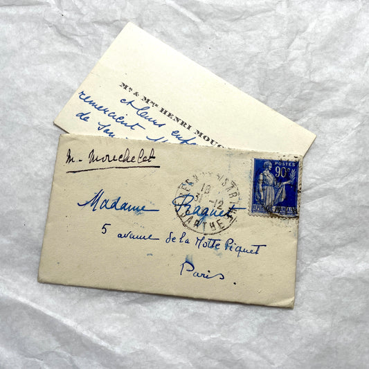 Lot of 10 French 1930s miniature envelopes with handwritten notes, business cards, and vintage stamps.