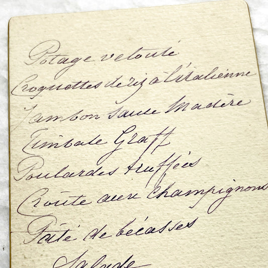 1900s - Vintage Handwritten French Dinner Menu Card, 1901 - Offering Classic French Cuisine with Truffled Pullets and Woodcock Pâté.