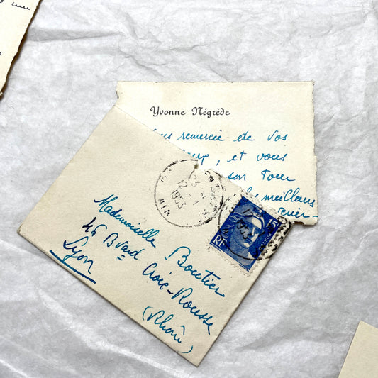 1950s vintage French envelopes lot with handwritten notes, old stamps, and historical postmarks from France.