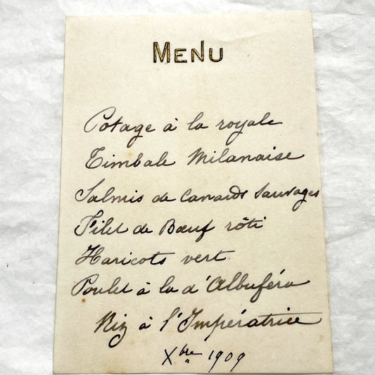 1900s - Vintage French Handwritten Menu Card - Elegant Dining Experience Featuring Classic French Cuisine - Historical Culinary Document