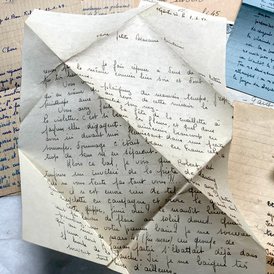 1950s French letters and envelopes set, handwritten correspondence with airmail markings and postmarks.