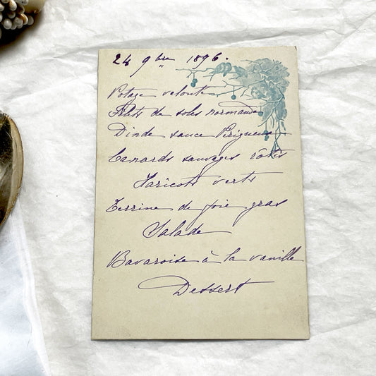 Late 19th - Vintage French Menu Card - Handwritten Dinner - Elegant Cuisine of 1896 - Historical Gastronomy Document