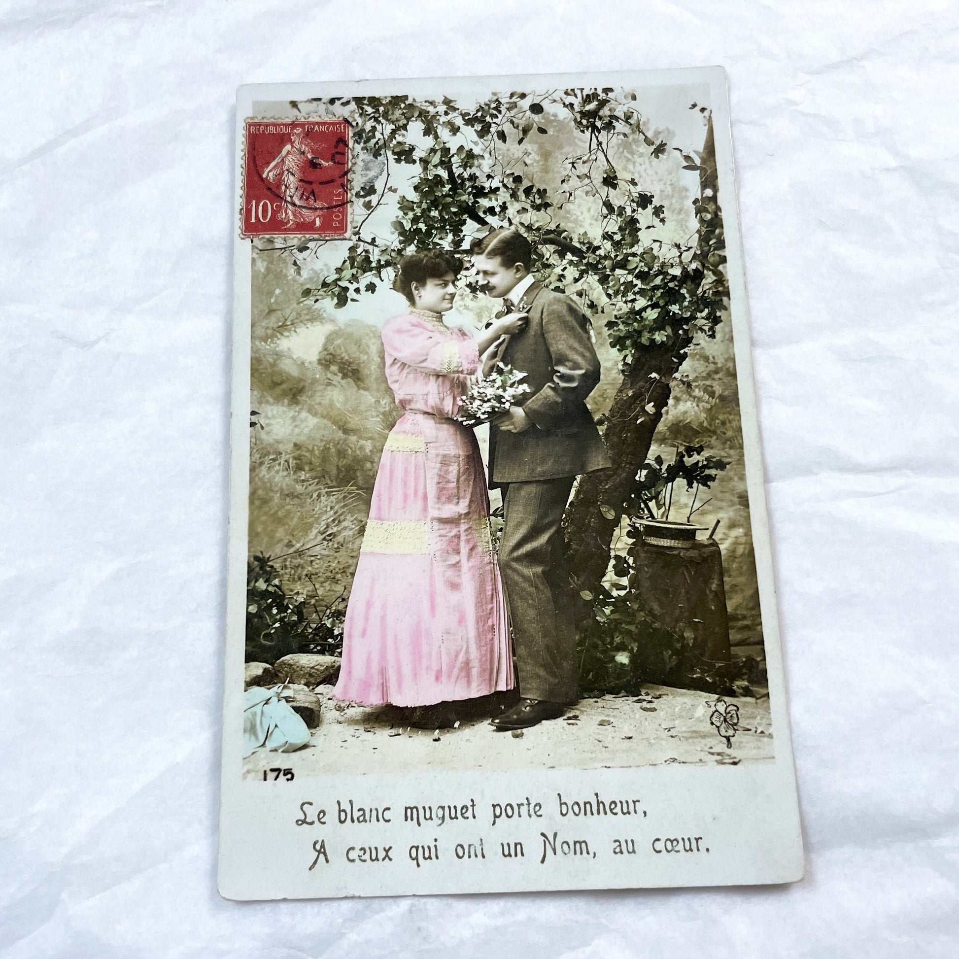 1900s - Antique French Postcard - Lucky Lily Of The Valley - Romantic Couple - Hand-Colored Edwardian Era Ephemera Collectible
