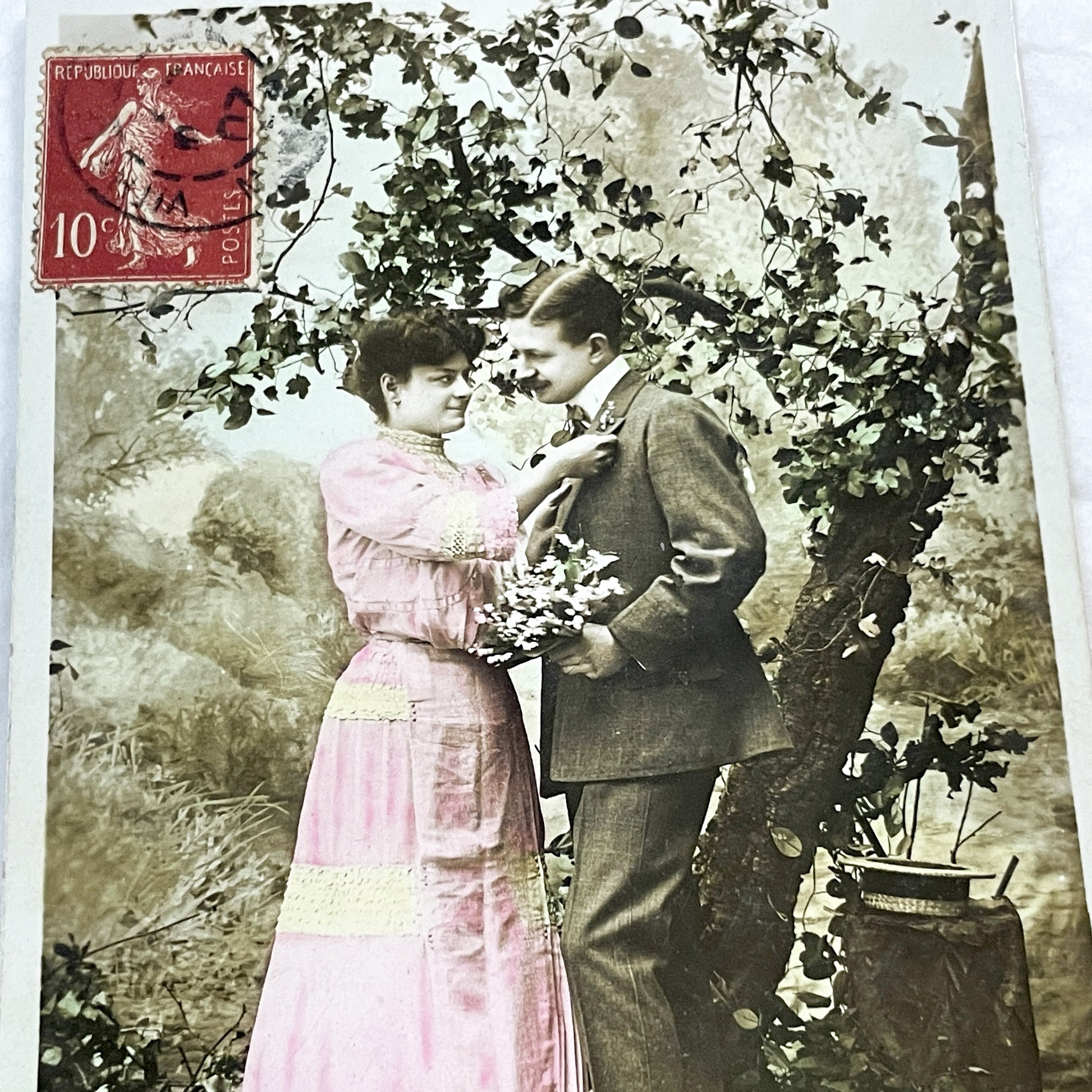 1900s - Antique French Postcard - Lucky Lily Of The Valley - Romantic Couple - Hand-Colored Edwardian Era Ephemera Collectible