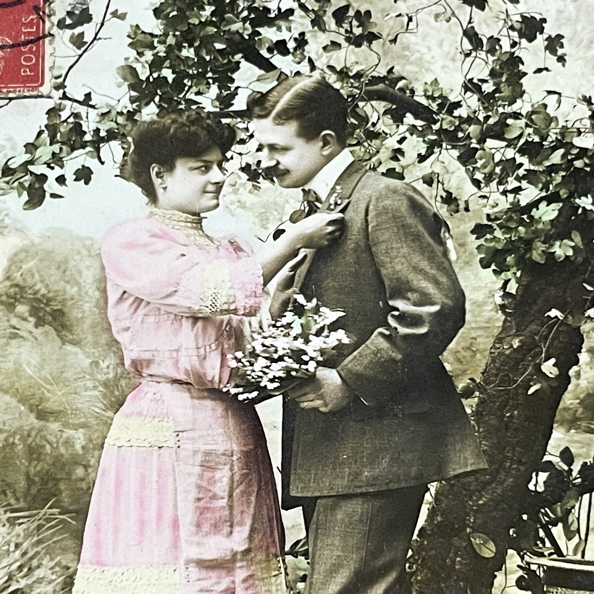1900s - Antique French Postcard - Lucky Lily Of The Valley - Romantic Couple - Hand-Colored Edwardian Era Ephemera Collectible