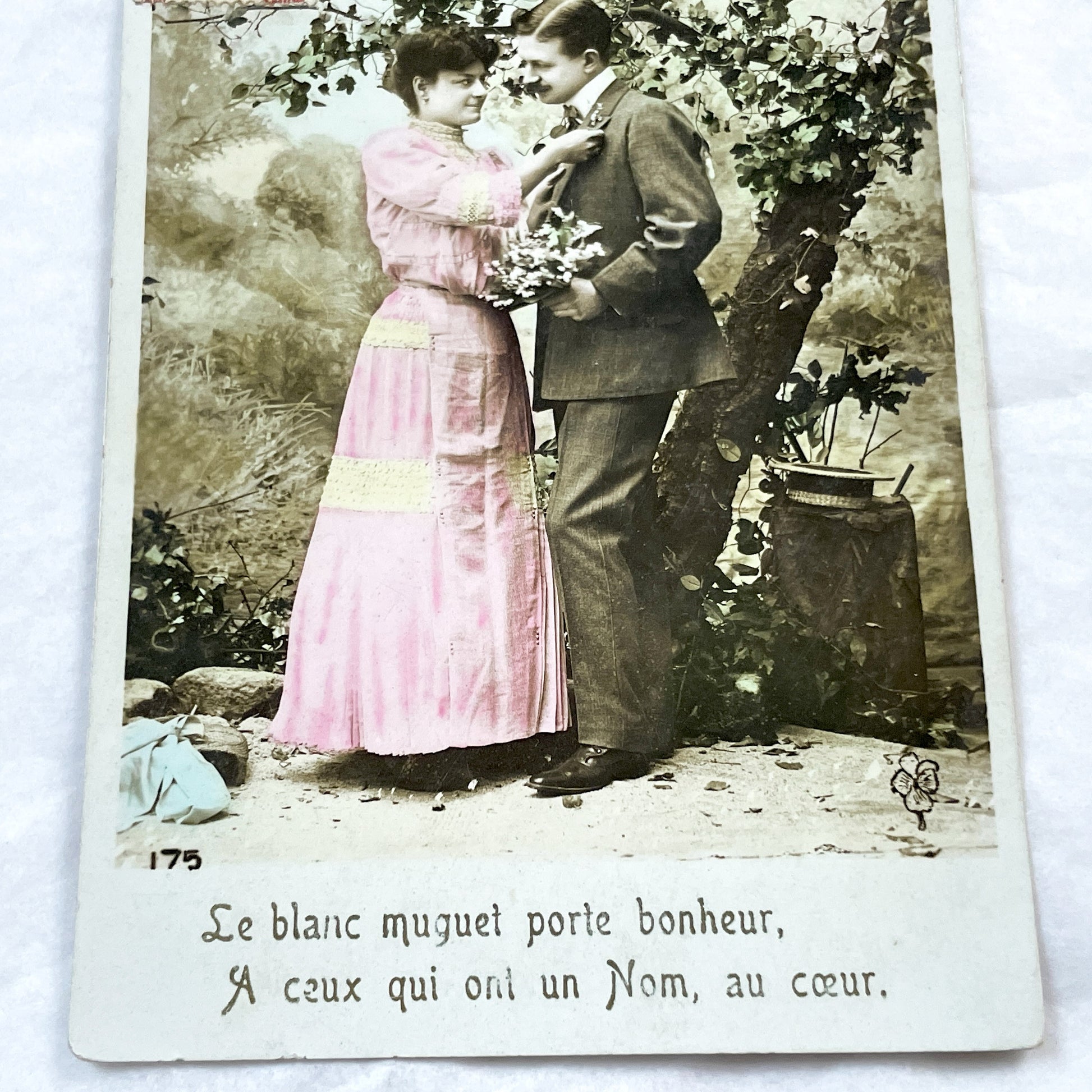 1900s - Antique French Postcard - Lucky Lily Of The Valley - Romantic Couple - Hand-Colored Edwardian Era Ephemera Collectible