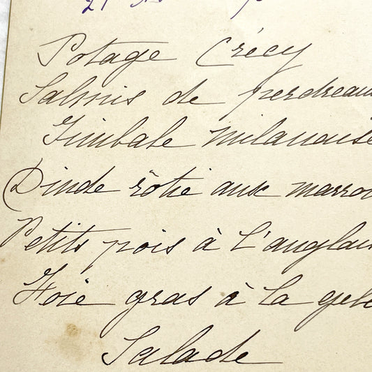 Late 19th - Handwritten French Menu Card - Elegant Dinner - Foie Gras - Roasted Turkey - Charlotte Gaufree - Culinary History Document