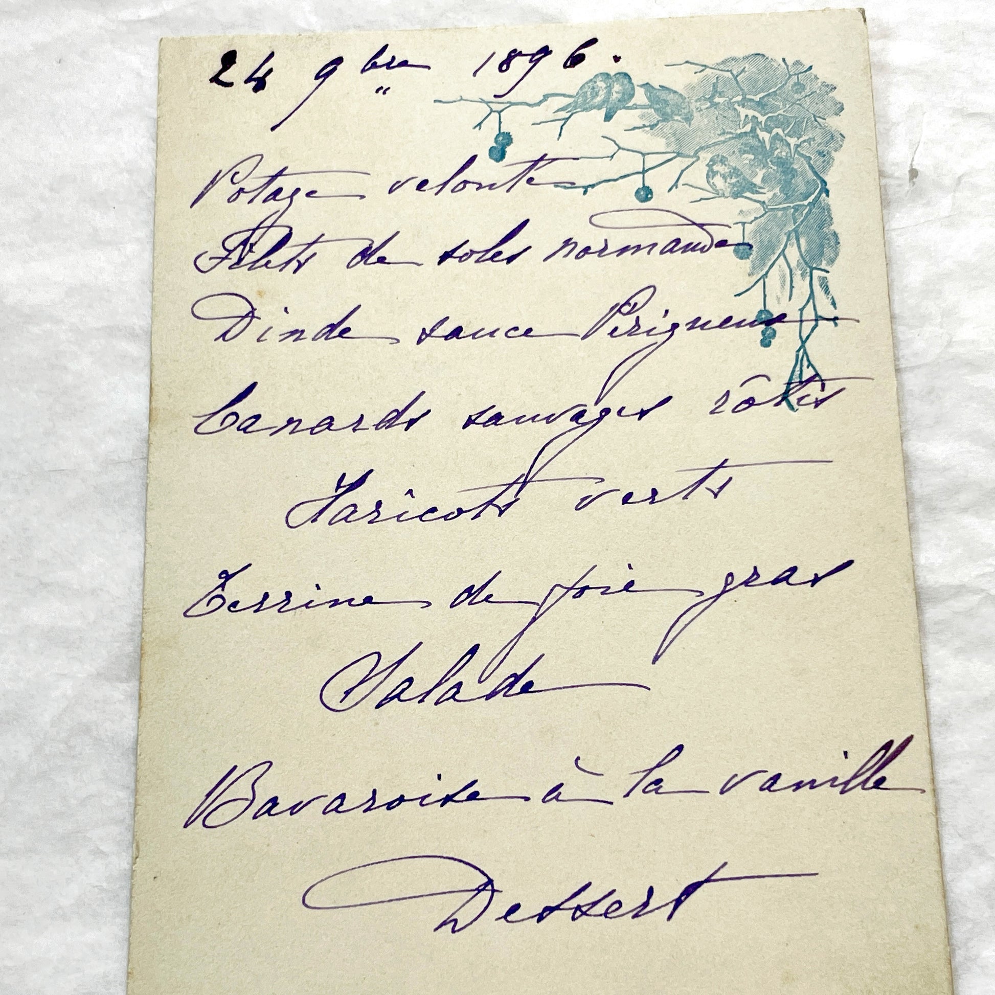 Late 19th - Vintage French Menu Card - Handwritten Dinner - Elegant Cuisine of 1896 - Historical Gastronomy Document