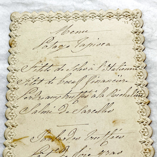 Late 19th - Ornate French Menu Card - Handwritten Fine Dining Dishes - Distinguished Guest Experience - Culinary History.