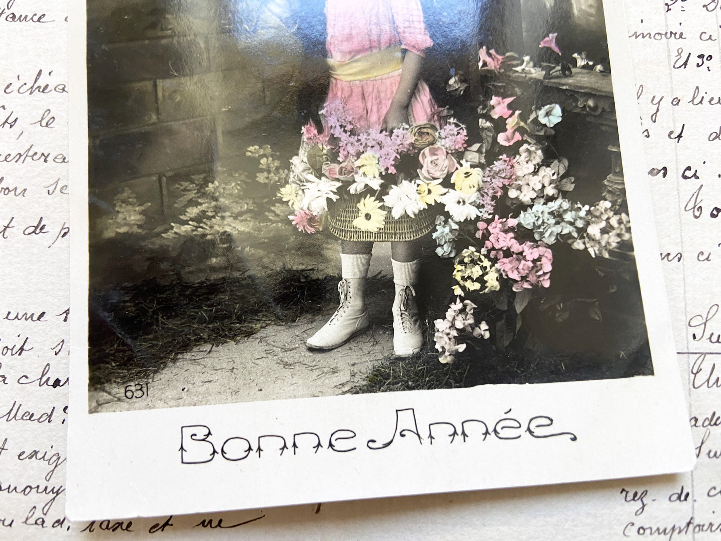 1910s - Hand-Tinted Vintage French Postcard - Young Girl with Flower Basket - Bonne Année Greeting - Collectible Ephemera Antique Card Art