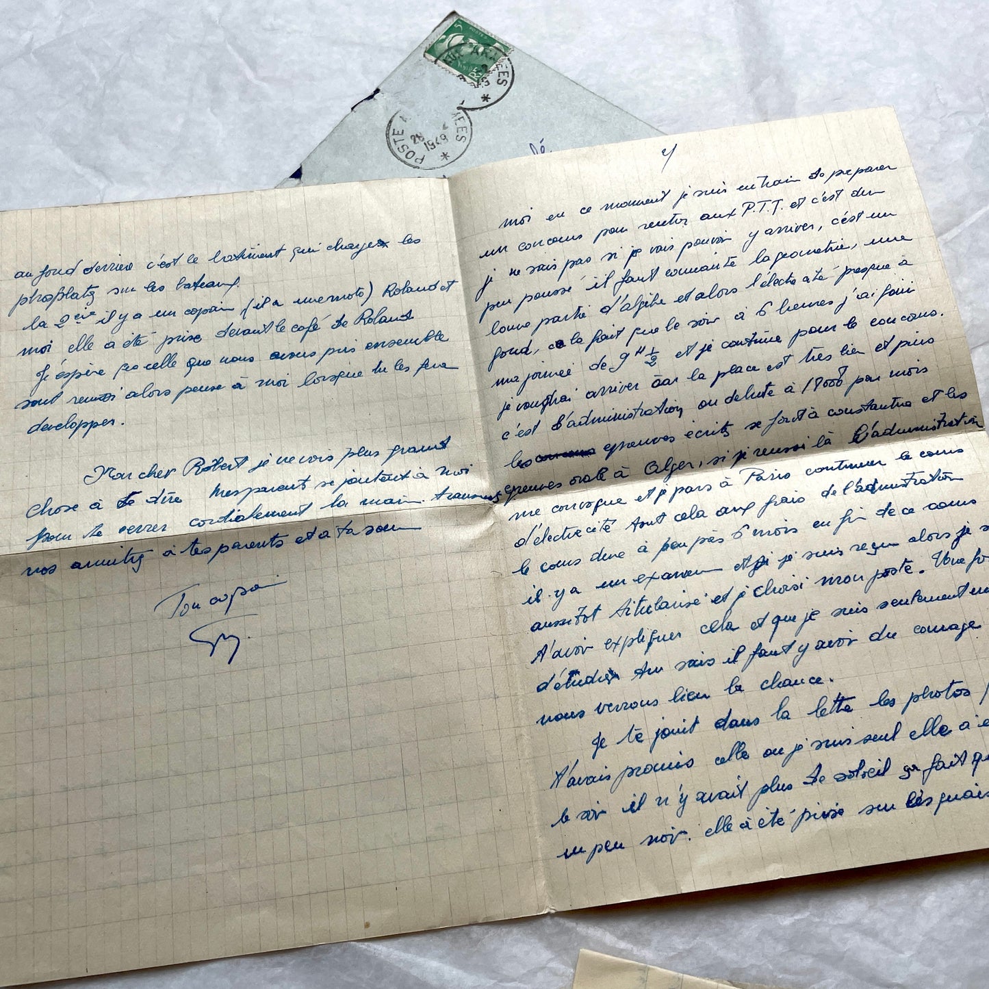 1950s French letters set with original envelopes, handwritten text, vintage stamps, and airmail markings.