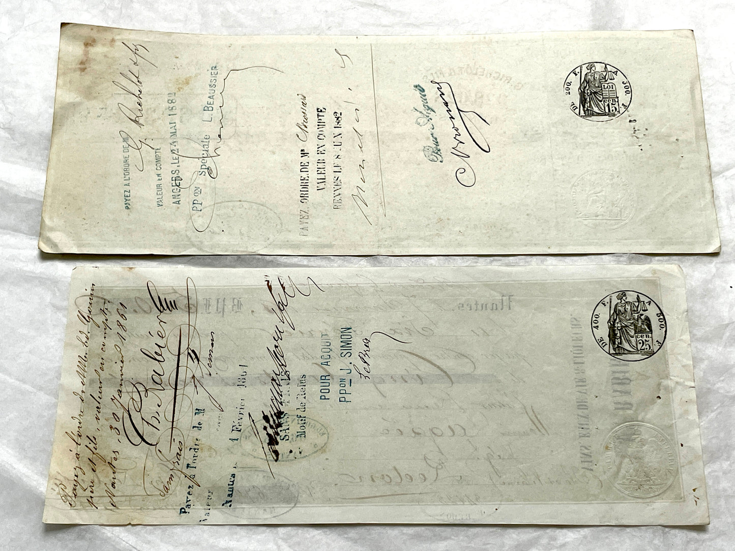 Late 19th Century French exchange letters set - vintage financial documents with old handwriting and stamps.