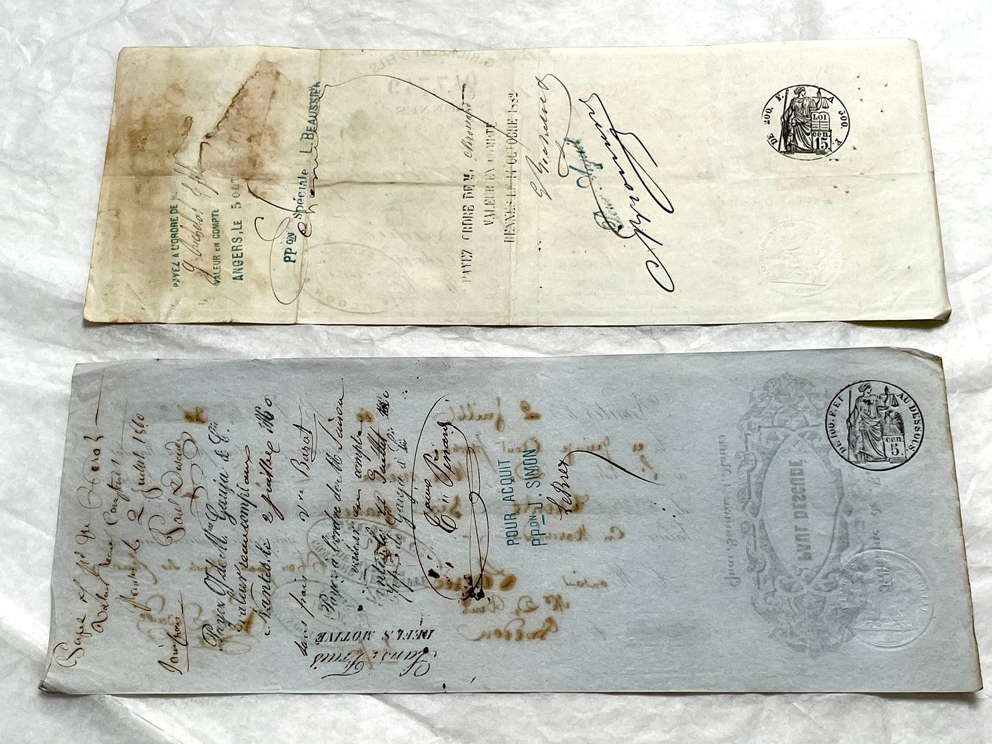 Set of 6 Mid 19th Century French exchange letters with handwritten text, stamps, and engraved merchant letterheads.