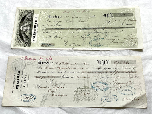 Late 19th Century French exchange letters, a set of 6 vintage financial documents with handwritten details and stamps.