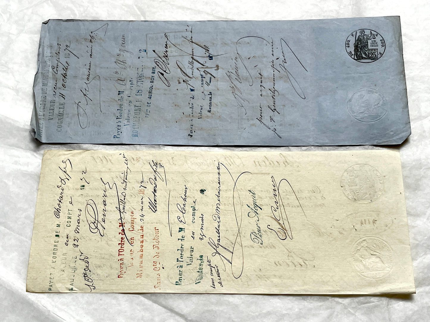 Set of 6 Late 19th Century French letters of exchange, featuring vintage calligraphy, bank, and merchant stamps.