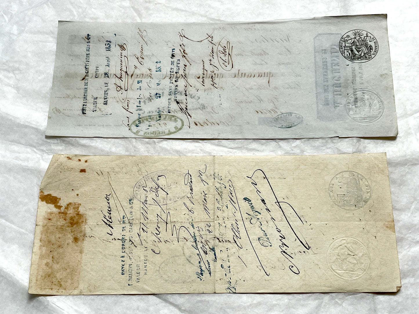 Set of 6 Mid 19th Century French exchange letters with elaborate calligraphy and official stamps, vintage paper documents.