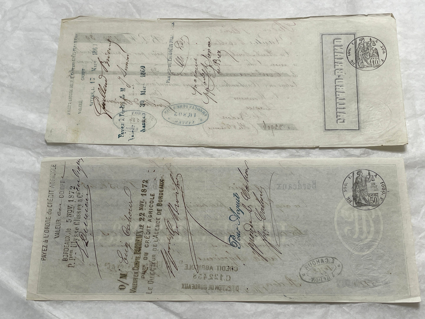 Set of 6 Mid 19th Century French exchange letters featuring elegant handwriting and historical stamps.