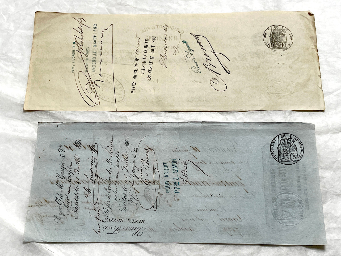 Late 19th century French exchange letters set, handwritten text and vintage stamps from historical financial documents.