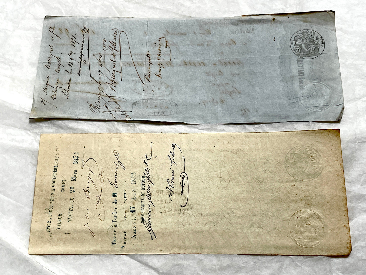 Set of 6 Mid 19th Century French exchange letters with handwritten script and official stamps, historical financial documents