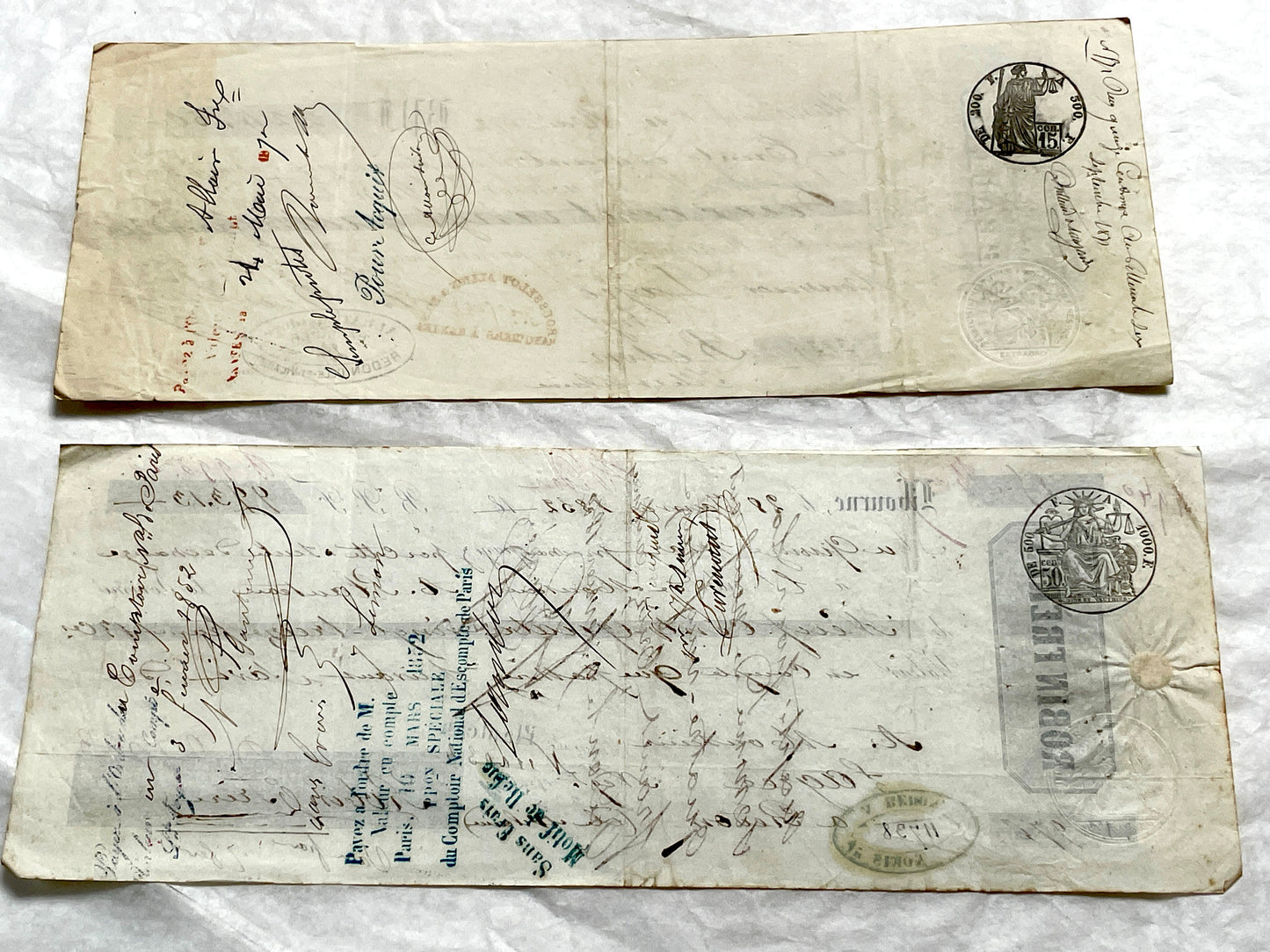 Set of 6 French Late 19th Century exchange letters with elegant script, stamps, and financial markings.