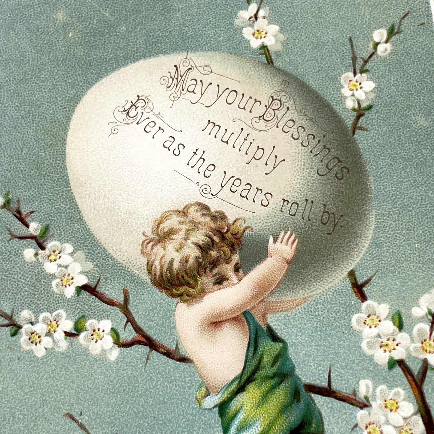 Late 19th - Vintage Chromo - Cherub Easter Egg - Spring Blossom Greeting Card - Antique Art Print - Victorian Era Ephemera Collectible