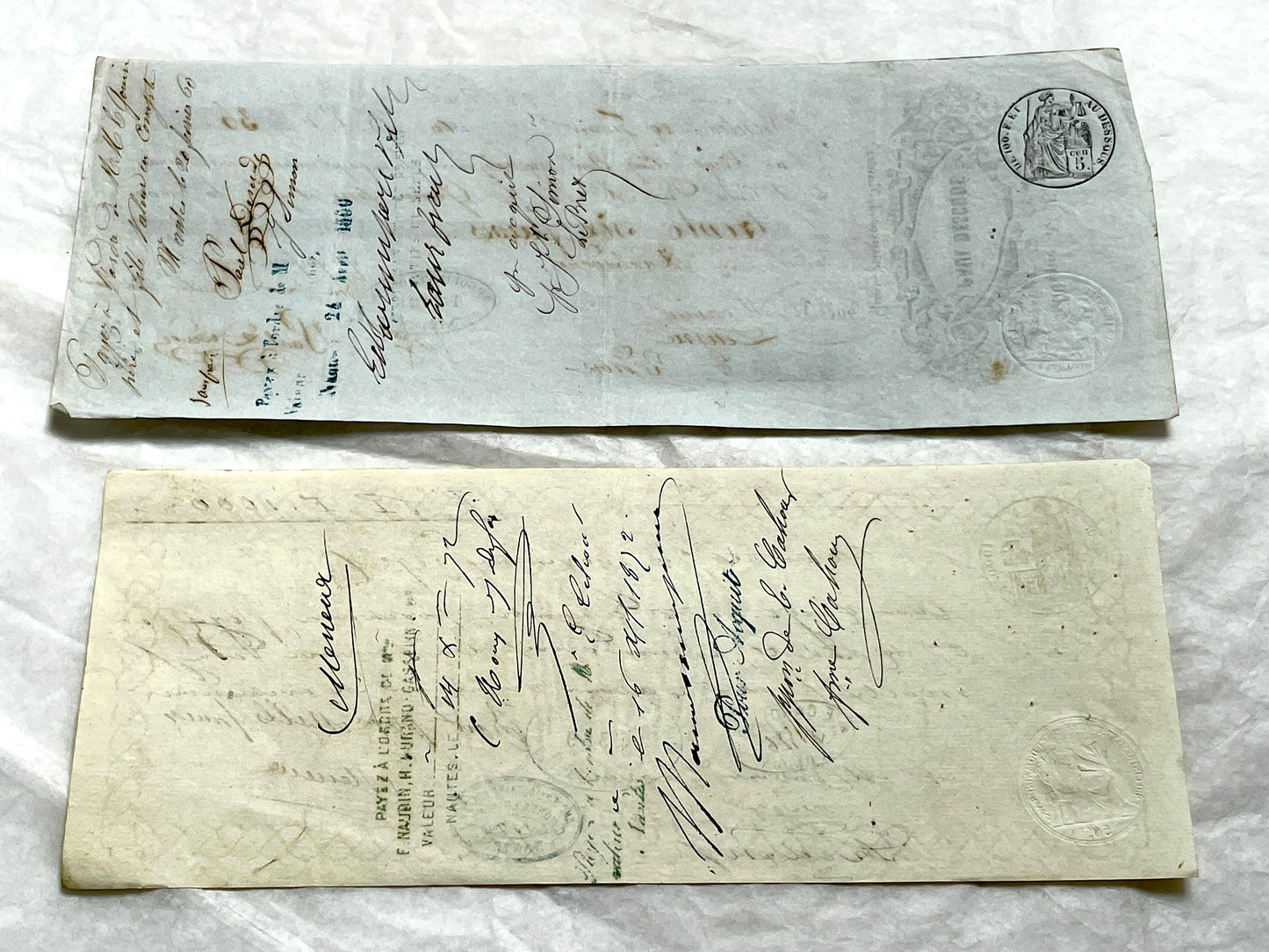 Late 19th Century French exchange letters set - Handwritten financial documents with stamps and elegant calligraphy.