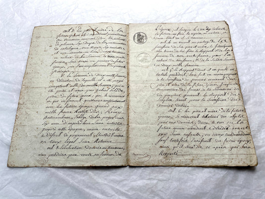 Mid 19th Century French Notarial Act from 1845, a handwritten marriage contract with elegant script and royal stamp.