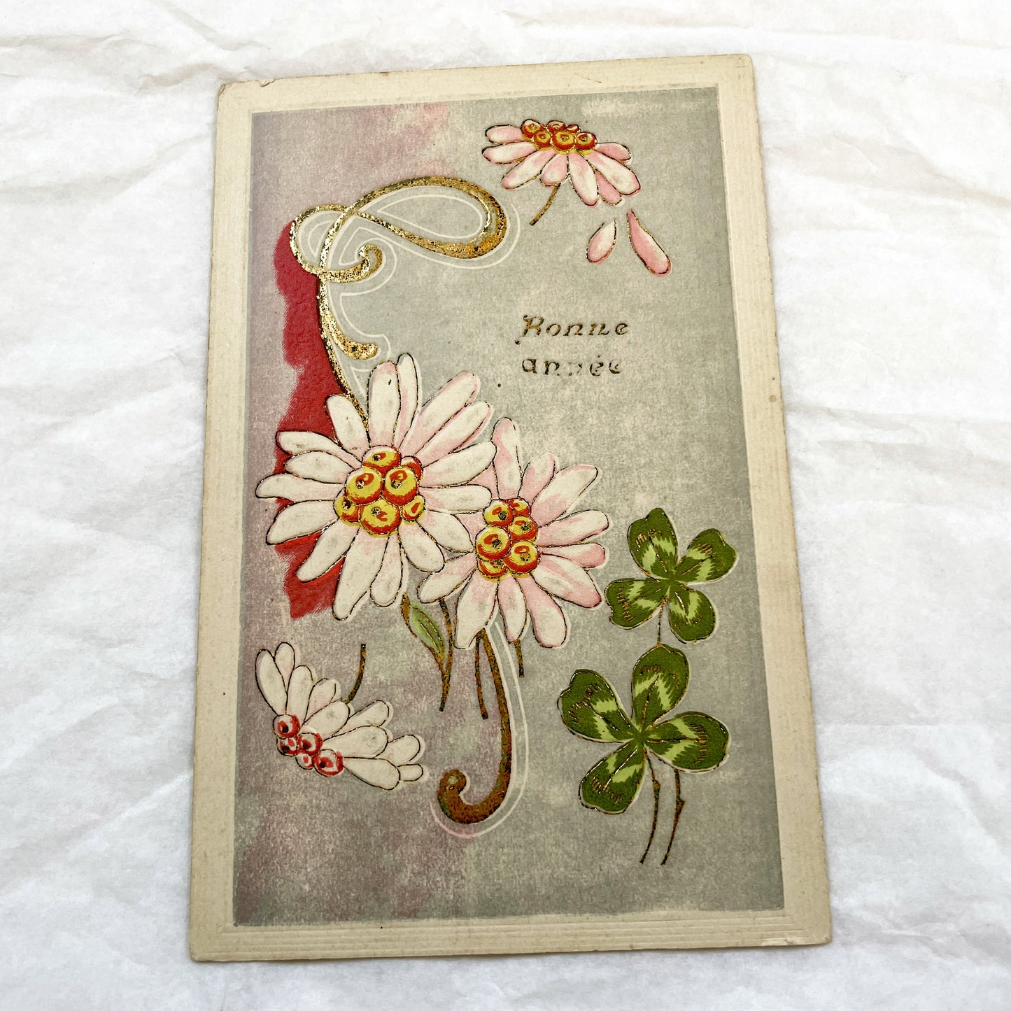1900s - Antique French New Year Postcard - Gilded Art Nouveau Floral Design - Vintage 'Bonne Année' Happy New Year Card