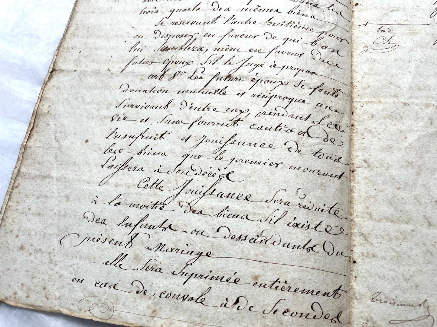 Mid 19th Century French Notarial Act from 1845, a handwritten marriage contract with elegant script and royal stamp.